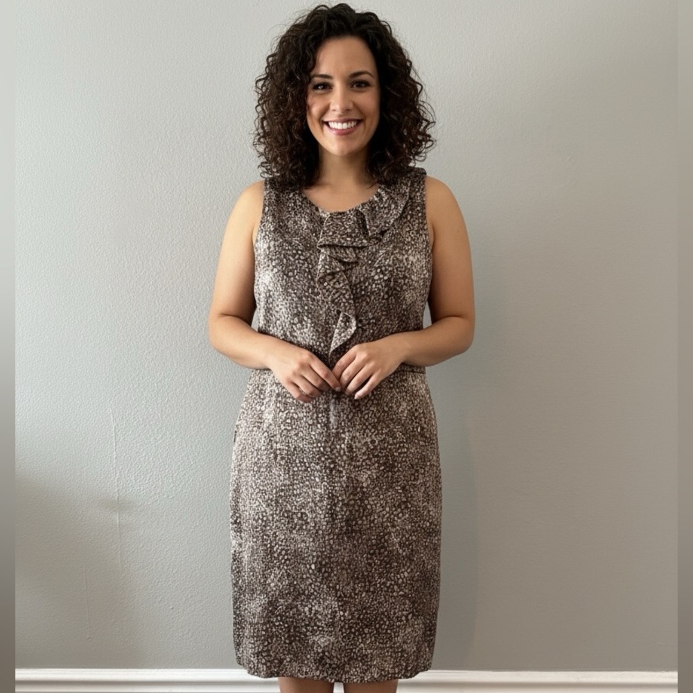 LOFT Brown Patterned Ruffle Collar Dress Size 18